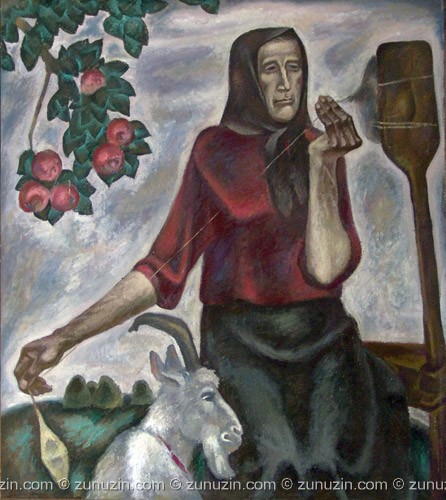 Oil painting on panel - Old woman with goat