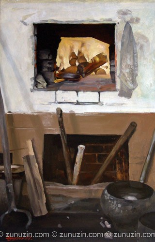 Oil painting on cardboard - Russian furnace