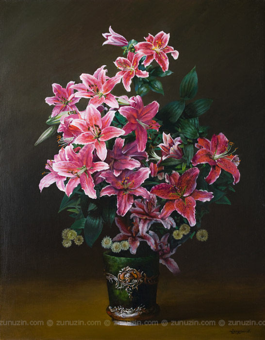 Pink Lilies in Green Vase