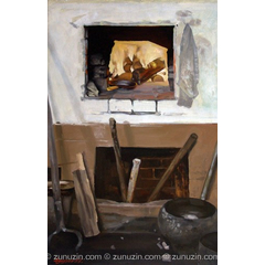 Oil painting on cardboard - Russian furnace