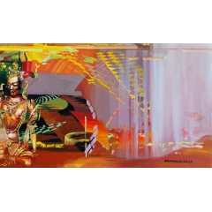 Golden buddha on landscape background - fragment