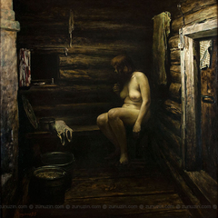 Figurative oil painting - Russian bath