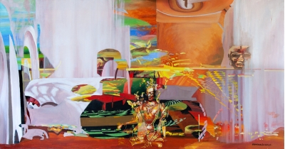 Golden buddha on landscape background