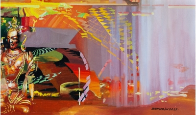 Golden buddha on landscape background - fragment