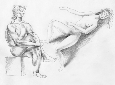 Artist and laying model