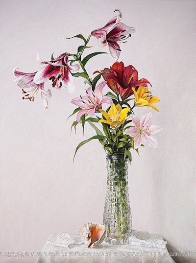 Lilies in a Crystal Vase and Seashell